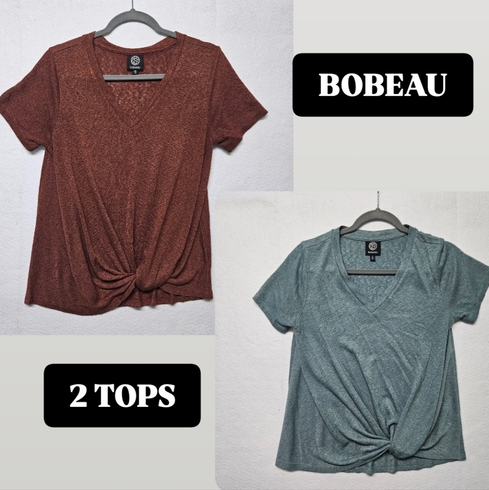 Bobeau Twist Hem V-Neck T-shirt Set of 2 Tops Red and Green Small